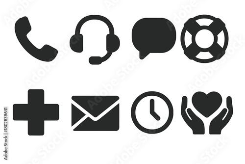 Crisis Helpline Icons. Solid style icons of crisis helplines: phone, headset, speech bubble, lifebuoy, emergency cross, envelope,