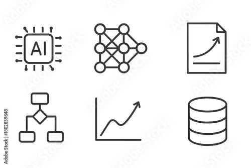 Machine Learning Icons. Line style icons of Machine Learning: AI Model, Neural Network, Training Data, Prediction, Algorithm Icon,