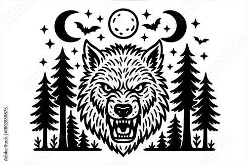 Werewolf Symmetry Art. Werewolf face in the center with moons, trees, bats, and stars arranged in dark fantasy symmetry, black and