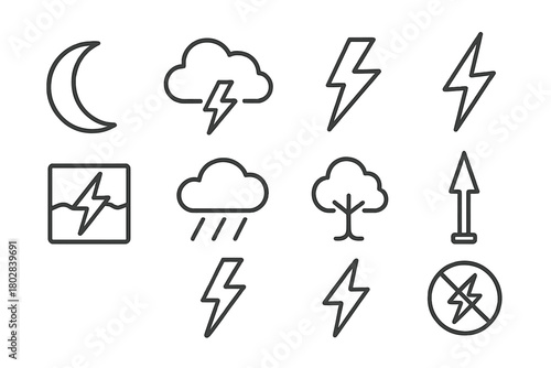 Lightning Night Icons. Line style icons of Lightning Night: Moon, Thundercloud, Bolt, Rod, Power Surge, Rain, Tree, Flash, No text