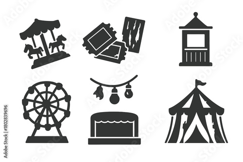 Forgotten Carnival Icons. Solid style icons of Forgotten Carnival: tilted carousel, faded tickets, peeling paint, lonely ticket