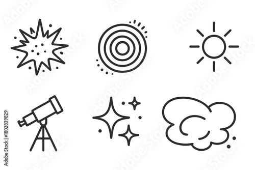 Supernova Icons Collection. Line style icons of Supernova: Radiant Outburst, Expanding Wave, Stellar Remnant, Bright Light,