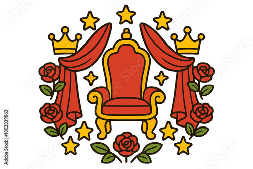 Royal Symmetry Elegance. Royal throne in the middle with curtains, crowns, roses, and stars arranged in elegant circular symmetry,