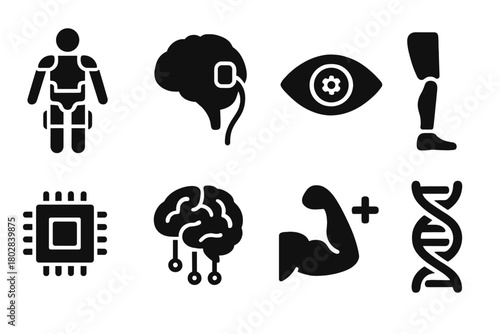 Human Enhancement Icons. Solid style icons of Human Enhancement: exoskeleton, brain implant, augmented eye, prosthetic limb,