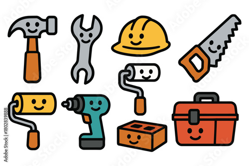 A whimsical assortment of hand-drawn tools and safety equipment, all featuring cheerful, anthropomorphic faces, ready for a fun DIY project.