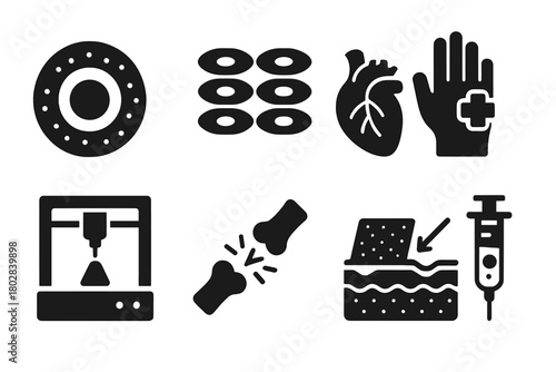 Regenerative Medicine Icons. Solid style icons of Regenerative Medicine: stem cell, tissue culture, lab-grown organ, healing