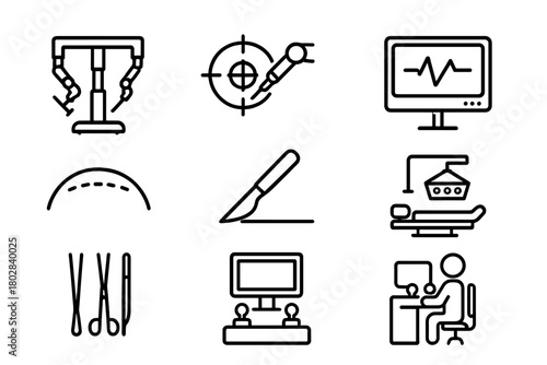 Robotic Surgery Icons. Line style icons of Robotic Surgery: Surgical Robot, Precision, Monitor Display, Incision, Scalpel,
