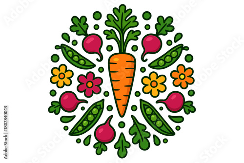 Vegetable Mandala Art. Carrot in the center with leaves, radishes, peas, and flowers arranged in a circular mandala pattern,