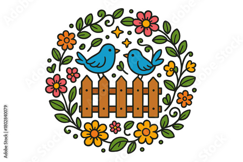 Vibrant Garden Mandala. Garden fence in the middle with vines, birds, flowers, and stars forming a peaceful circular mandala,