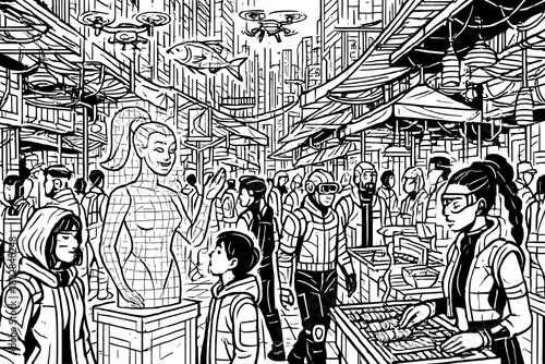 Cyberpunk Marketplace Scene. Crowded cyberpunk marketplace with holograms, food stalls, drones flying above, and people in