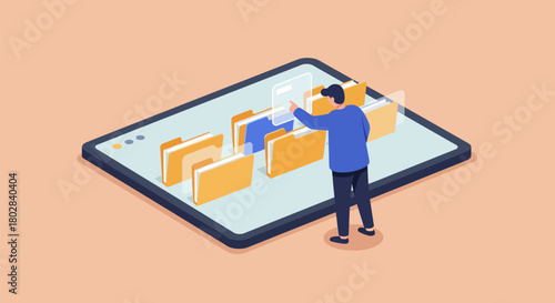 Man organizing digital files on a tablet screen, data management concept.