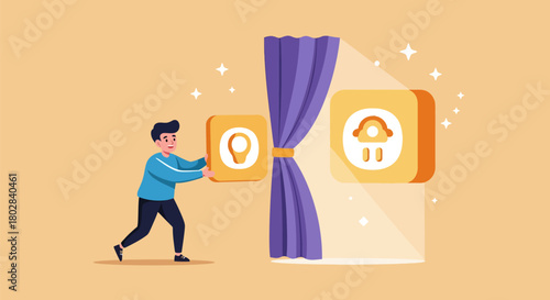 Man pulling curtain to reveal lightbulb and mushroom icons, concept.