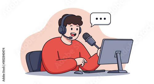 Man recording podcast with microphone and headphones, broadcasting online.