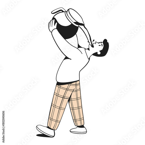 Cartoon man in plaid pajamas drinking coffee from a large pot in a playful exaggerated style on white background. Concept of caffeine addiction. Vector illustration