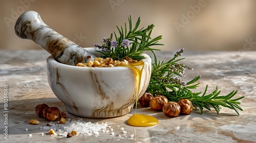 Fototapeta Naklejka Na Ścianę i Meble -  Marble mortar with pestle, fresh rosemary sprigs, hazelnuts, honey, and salt on rustic stone surface, ideal for culinary and wellness content.