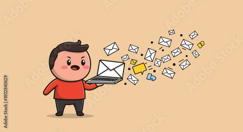 Man with laptop sending emails, online communication concept.