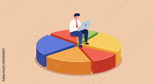 Man working on laptop sitting on a colorful pie chart representing data analysis.
