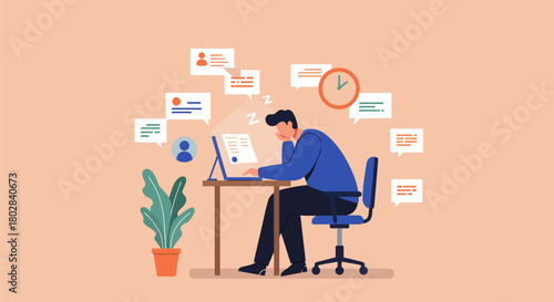 Man working on laptop surrounded by notifications and clock.