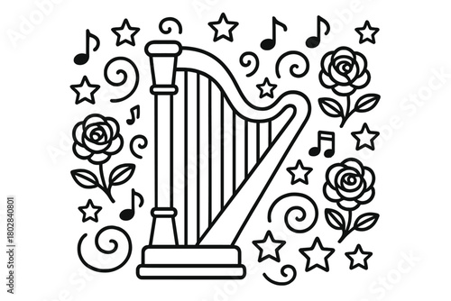 Harp and Stars. Harp in the center with stars, swirls, roses, and notes arranged symmetrically around it, black and white line art