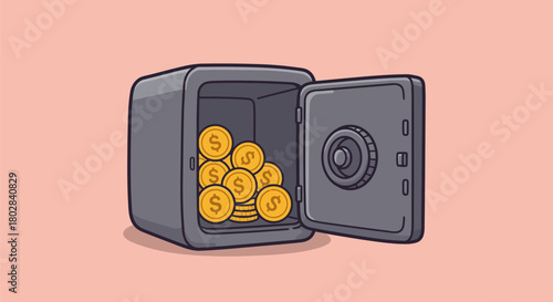 Open Safe Filled with Gold Coins on Pink Background.