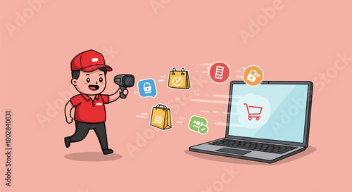 Online shopping concept with delivery man and laptop.