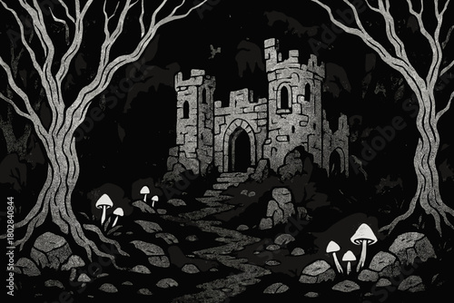 Enchanted Castle Ruins. Ancient ruined castle in a dark forest with twisted trees, glowing mushrooms, and mysterious shadows,