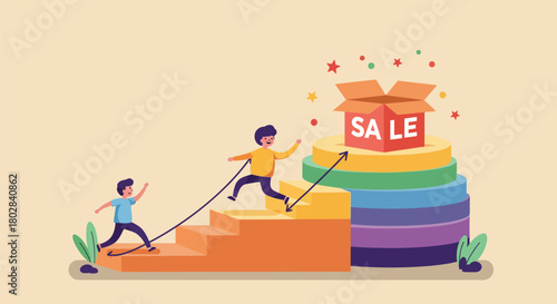 People climbing stairs towards a sale box with colorful layers.