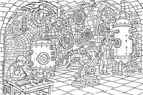 Steampunk Workshop Scene. Underground steampunk workshop with giant boilers, gears turning, robotic arms, and inventors at work,