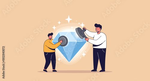People working together to polish a large diamond illustration.