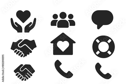 Mental Health Support Icons. Solid style icons of mental health support: open hands, heart, group of people, speech bubble,
