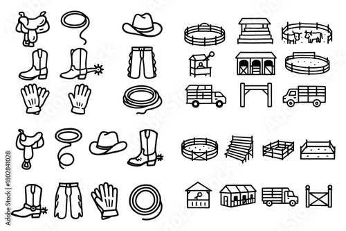Rodeo gear and arena icons set