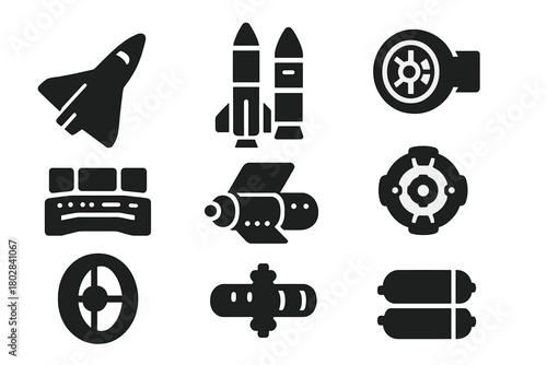 Futuristic Spacecraft Icons. Solid style icons of Future Spacecraft: sleek shuttle, modular rocket, ion thruster, control deck,