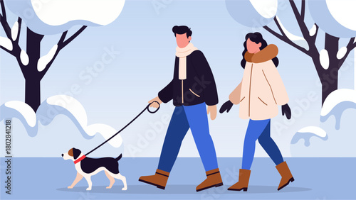 Couple Walking Dog in Snowy Winter Park
