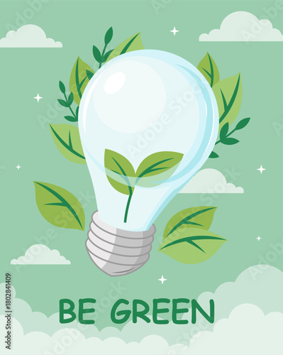 Light bulb filled with green leaves surrounded by foliage, flat graphic style, on cloudy green sky background. Concept of sustainability. Vector illustration