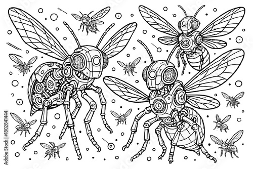 Futuristic Robotic Insect Swarm. Robotic insect swarm with detailed gears, wings made of wires, and futuristic lights surrounding