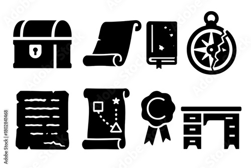 Forgotten Knowledge Icons. Solid style icons of Forgotten Knowledge: locked chest, rolled scroll, dusty tome, cracked astrolabe,