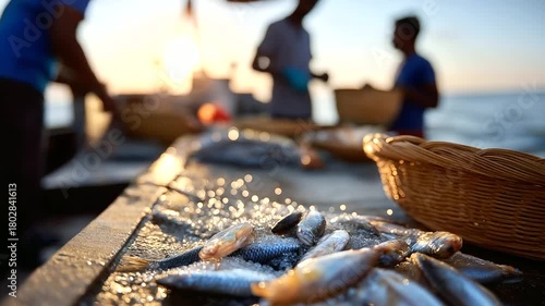 Faceless workers in soft blur sorting fish on deck, focus on shimmering scales catching the dawn light, serene maritime mood, with copy space