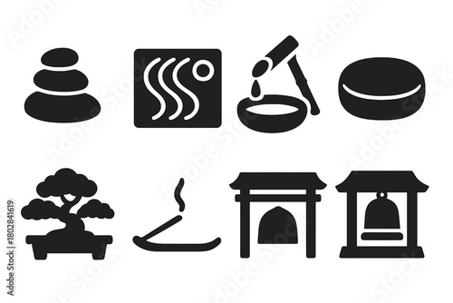 Zen Aesthetic Icons Collection. Solid style icons of Audio Preservation: reel tape, cassette deck, vinyl record, DAT tape,