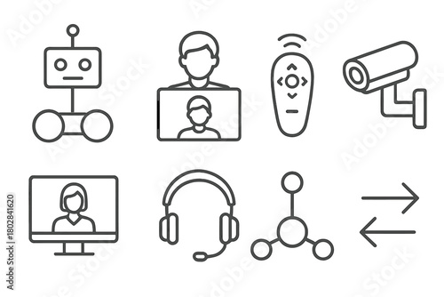 Telepresence Icons Collection. Line style icons of Telepresence: Robot, Operator, Remote Control, Camera, Monitor, Headset,