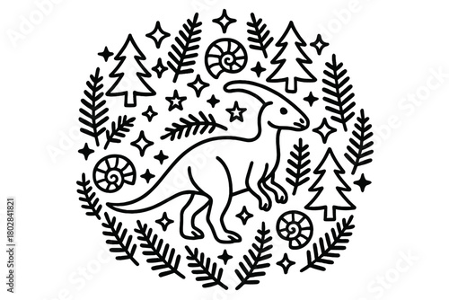 Dinosaur Mandala Coloring Page. Parasaurolophus in the center with ferns, stars, trees, and fossil shells radiating outward in