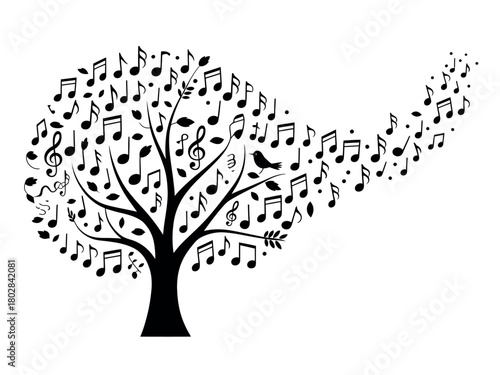 Melody of nature: A tree blossoms with musical notes, symbolizing harmony and creativity.