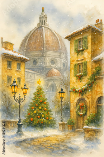 Christmas Tree on Snowy Tuscan City Square — Winter Watercolor Illustration