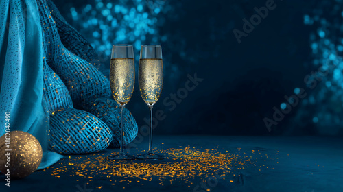 two elegant champagne flutes filled with sparkling champagne on a dark  blue surface