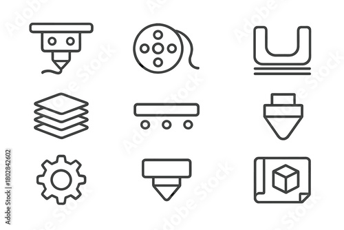 3D Printing Icons. Line style icons of 3D Printing: Extruder, Filament, Printed Part, Layer Stack, Build Plate, Nozzle, Gear,