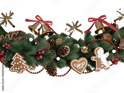 Festive Christmas garland with gingerbread cookies and bells, creating a joyful holiday border.