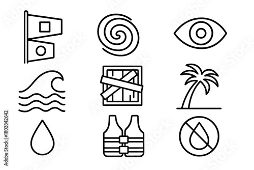 Hurricane Warning Icons. Line style icons of Hurricane Warning: Warning Flag, Spiral Cloud, Eye, Storm Surge, Boarded Window, Palm