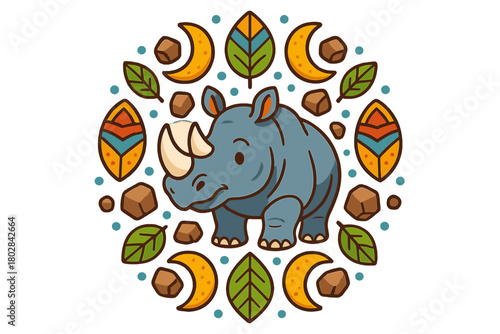 Rhino Mandala Art. Rhino in the center with rocks, leaves, moons, and tribal shields forming a strong mandala pattern, bright