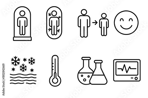 Cryonics Preservation Icons. Line style icons of Cryonics: Preservation Pod, Frozen Body, Future Revival, Optimistic Symbol, Frost