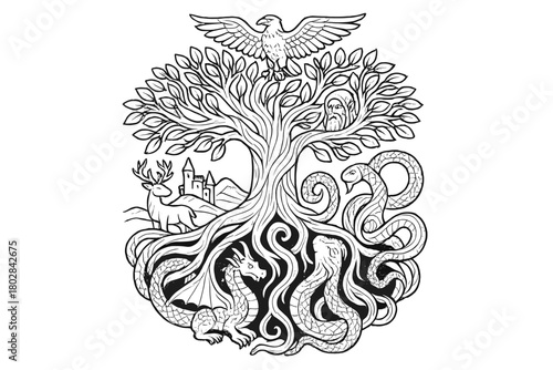 Yggdrasil Mystical Illustration. World Tree Yggdrasil with roots wrapping around realms, serpents, eagles, and mystical creatures,