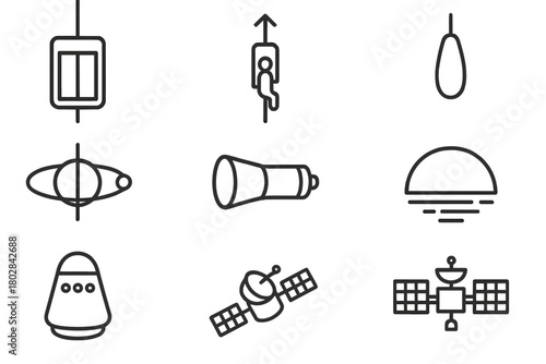 Space Elevator Icons. Line style icons of Space Elevator: Elevator Tether, Ascending Climber, Orbital Counterweight, Geo Orbit,